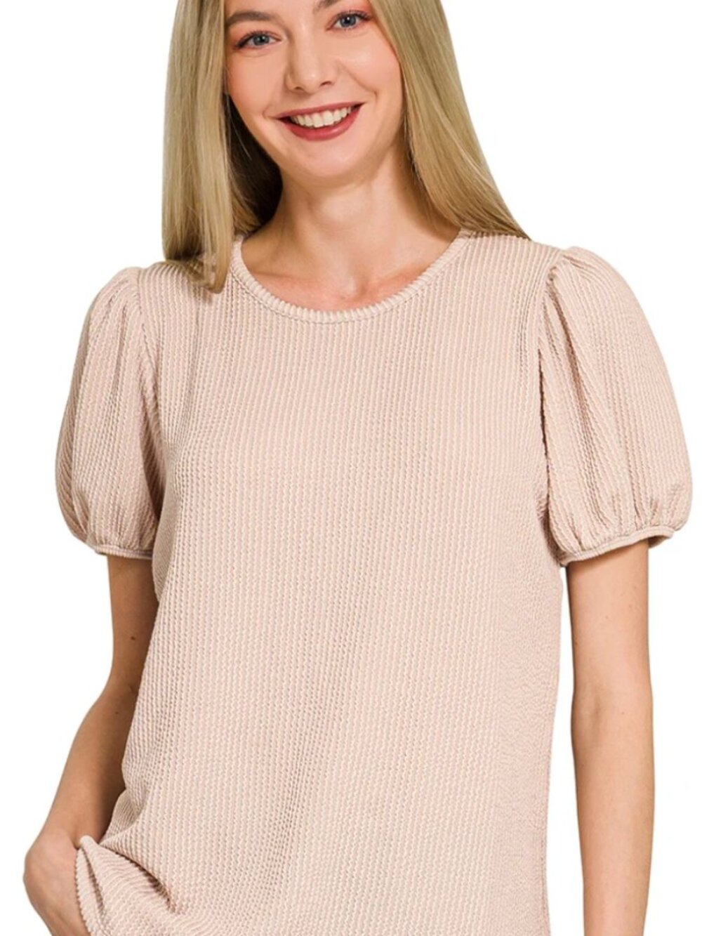 Ribbed Puff Sleeve Top - Zenana - Size Small